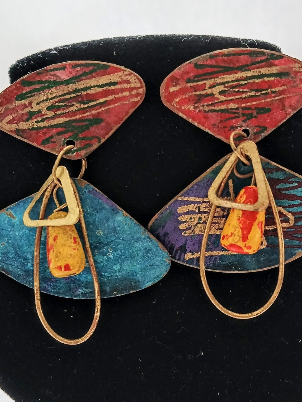 Vintage 90s Abstract Painted Wearable Art Earrings India EUC